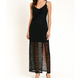 No Comment Black Lace Sheer Maxi Dress JRS M Ruffle Night Out HOCO Whimsygoth
